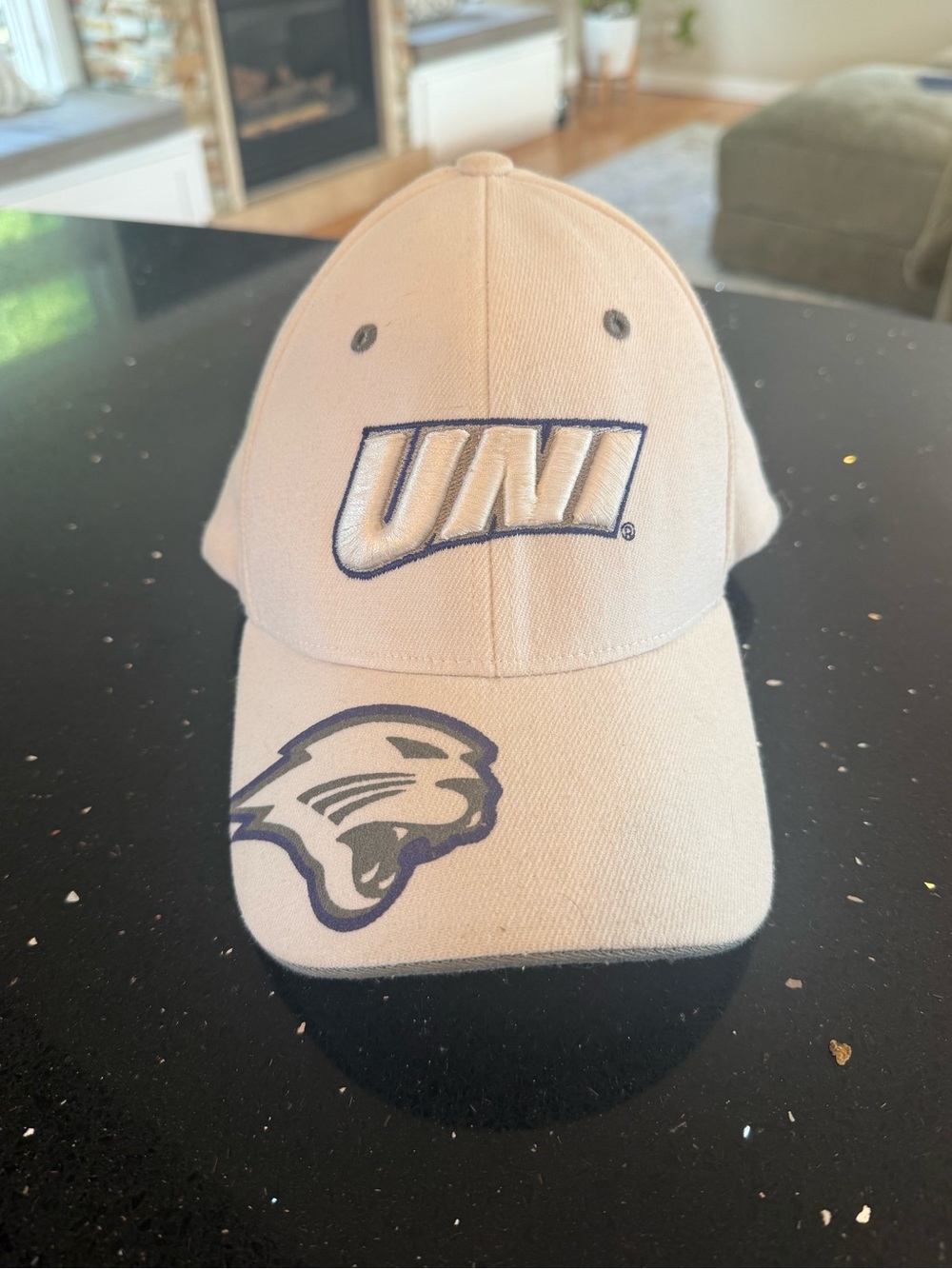 Zephyr Beige Baseball Hat with Navy UNI Logo and Panther Accent